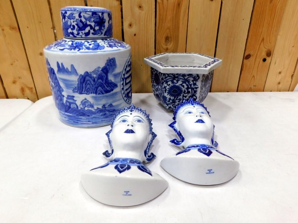 Lot of Blue and White Asian Style Porcelain Items incl a Ginger Gar, 2 Decorative Heads, and a Plant (1 of 12)