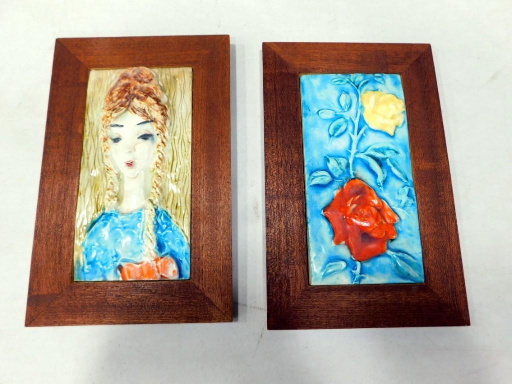 Pair of 7x11" Framed Ceramic Tiles - Lady and a Flower (1 of 5)