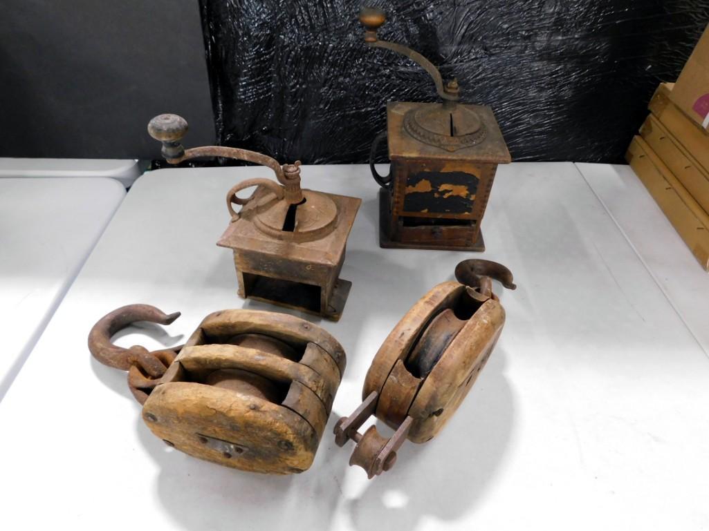 Pair of Antique Pulleys and a pair of coffee grinders (1 of 9)