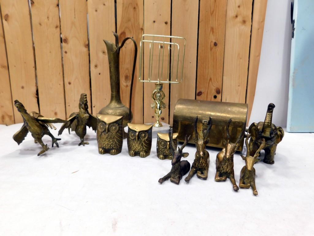 Brass Lot incl Owls, Chickens, Deer, Elephant, Ewer, Trinket Box, etc (1 of 6)