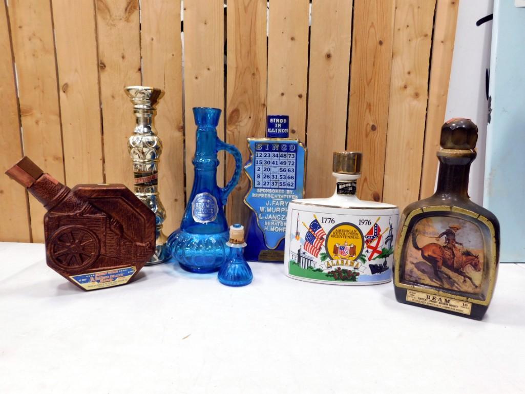 Lot of Decanters incl Jim Beam Bottles. Includes Blue Genie Bottle, American Revolution Bicentennia: Lot of Decanters incl Jim Beam Bottles. etc. Includes Blue Genie Bottle, American Revolution Bicentennial, Illinois Bingo, etc. These are collectible bottles only and are EMPTY