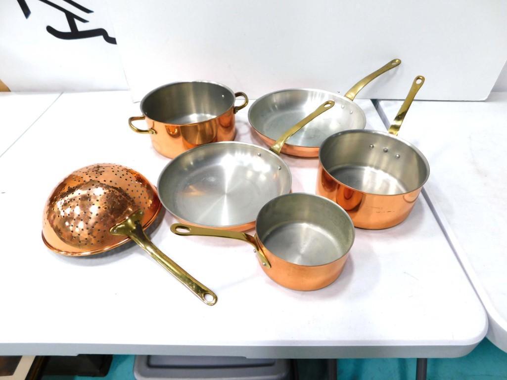 Set of Copper Cookware with Brass Handles Made in Portugal: Set of Copper Cookware with Brass Handles Made in Portugal . Includes pots, pans, skillets, colander
