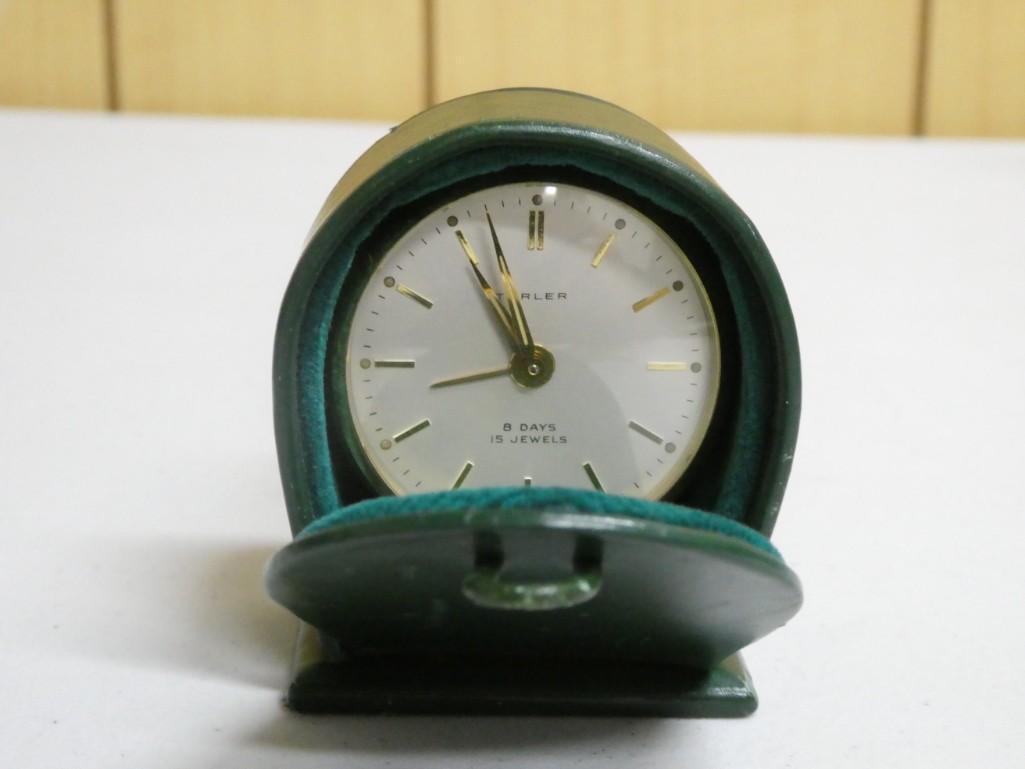 Turler Enamel Travel Alarm Clock with Leather Case - it works (1 of 4)