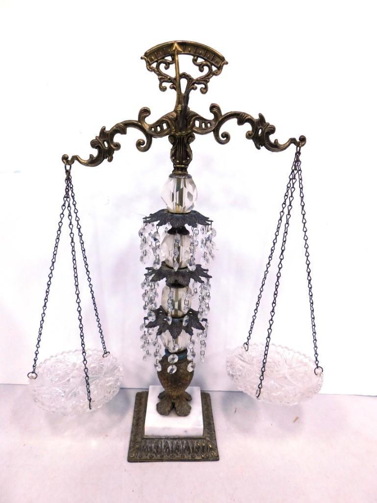 Vintage Hollywood Regency Style Balance Scale of Justice Brass with Marble Base and Crystals (1 of 5)