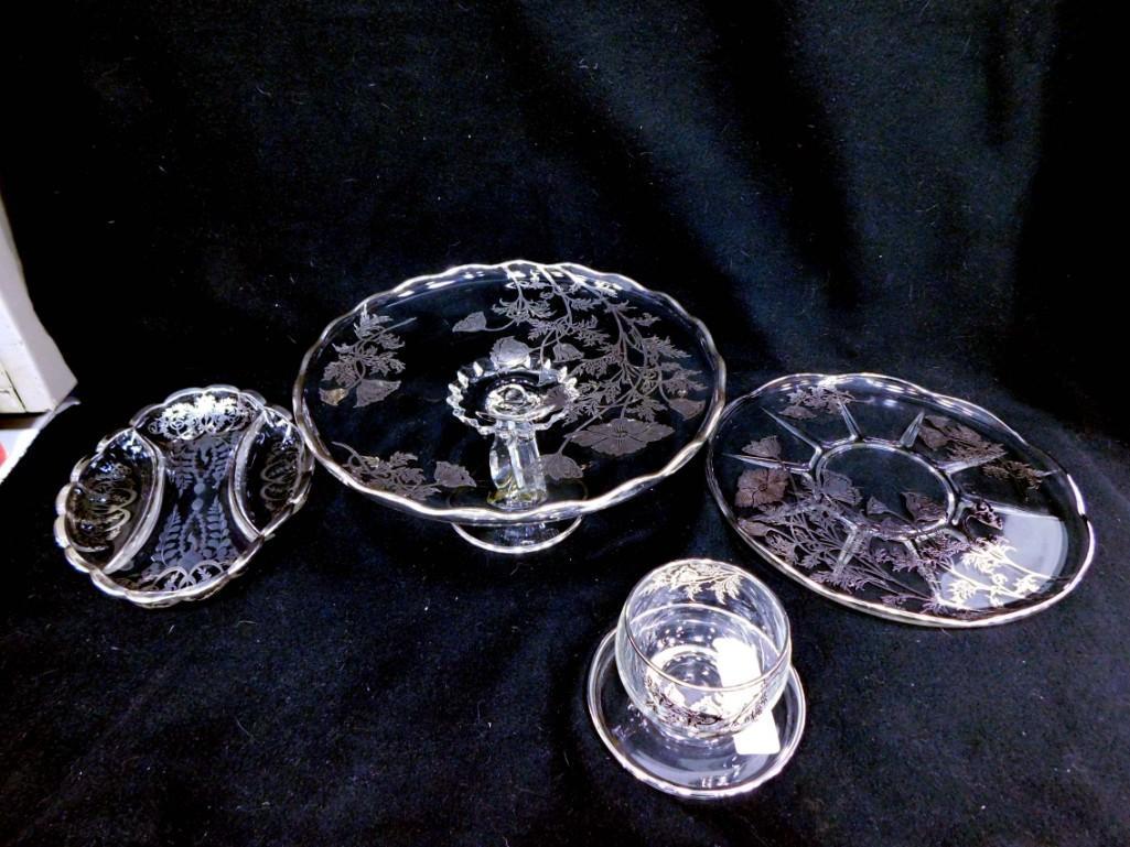 Silver City Glass Silver Overlay 3 Pc Set of Flanders Pattern and 1 Relish Dish (1 of 6)