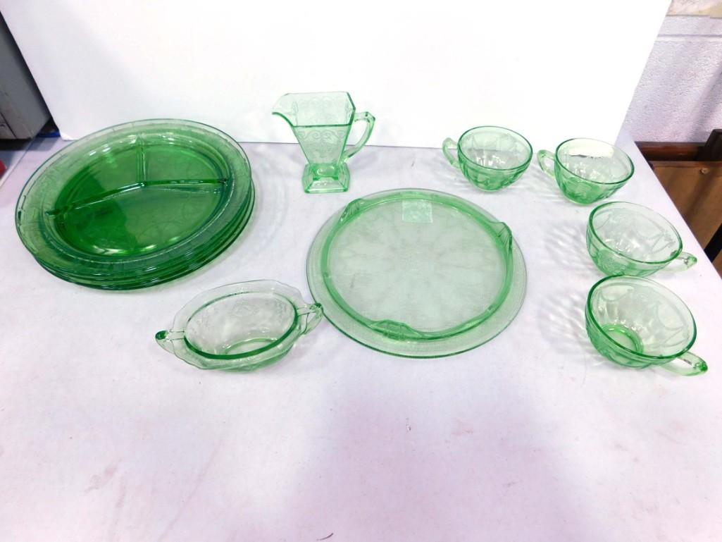 1930s Green Depression Glass or Uranium Glass Creamer and Sugar Bowl Plus 9 pc Cameo Set (1 of 7)