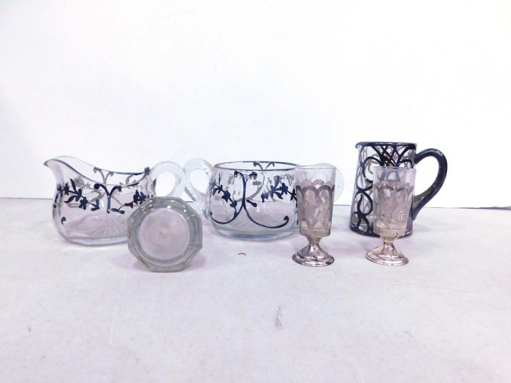 Sterling Silver Overlay Glassware incl Creamers, Sugar Bowl, Glasses, Etc (1 of 6)