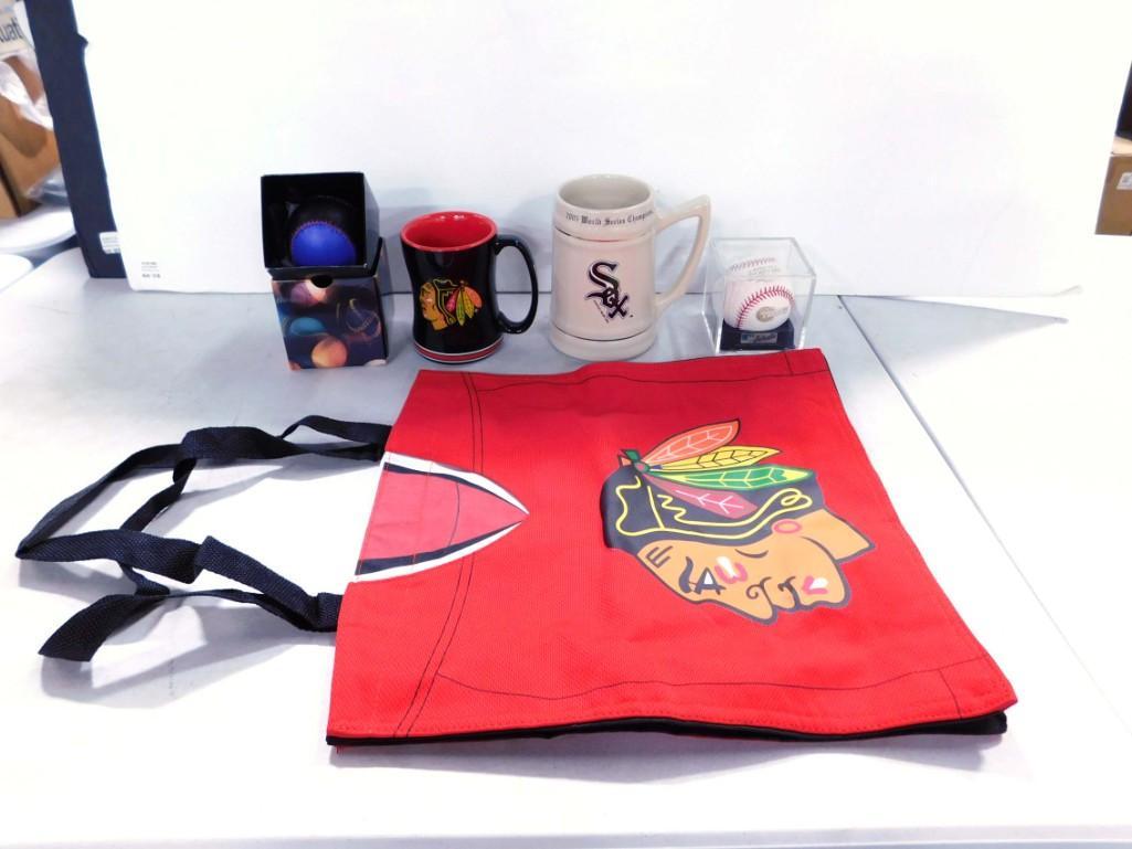 Chicago Sports Lot incl Blackhawks Tote Bag, 2005 White Sox World Series Baseball and Stein, (1 of 6)