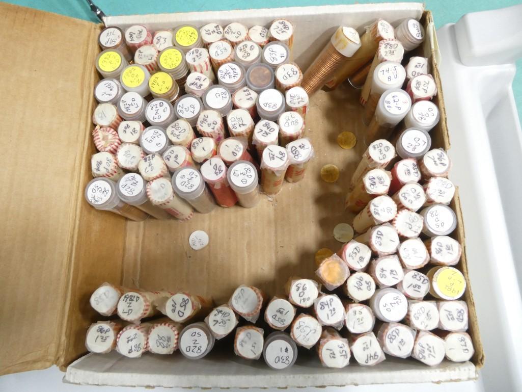 Lot of approximately 5,100 pennies sorted by year: Lot of approximately 5,100 pennies sorted by year - there's about 102 rolls. Most rolls are stickered with the year and mint. They were spot checked and look accurate.