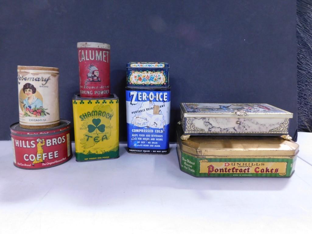 Vintage Tins and Containers incl Shamrock Tea, Ser0O-Ice, Calumet Baking Powder,: Vintage Tins and Containers incl Shamrock Tea, Ser0O-Ice, Calumet Baking Powder, Dunhill's Pontefract Cakes, Hills Bros Coffee, etc