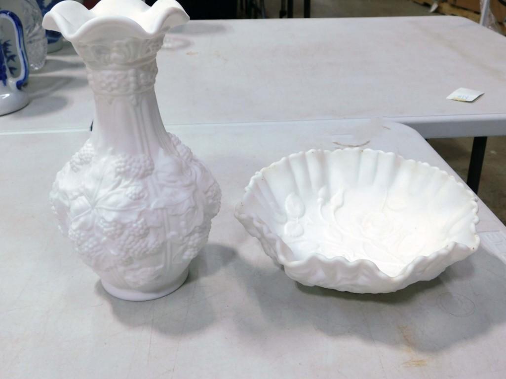 Imperial Glass White Satin Doeskin Loganberry Vase and Imperial Glass White Satin Embossed Rose Bowl: 2 Vintage Imperial Glass Items including Imperial Glass White Satin Doeskin Loganberry Vase and Imperial Glass White Satin Embossed Rose Bowl