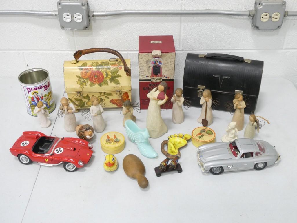 Collectibles incl Lunchboxes, Blue Milk Glass Shoe, Tin Toy Duck, Model Cars, Willow Tree Angel (1 of 20)