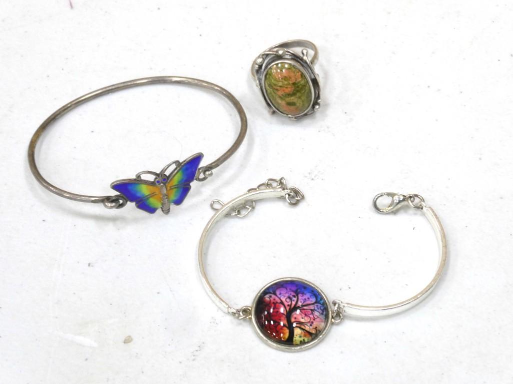Sterling Silver Ring with Unakite Jasper, .800 European Silver Butterfly Bracelet, Tree Bracelet (1 of 3)