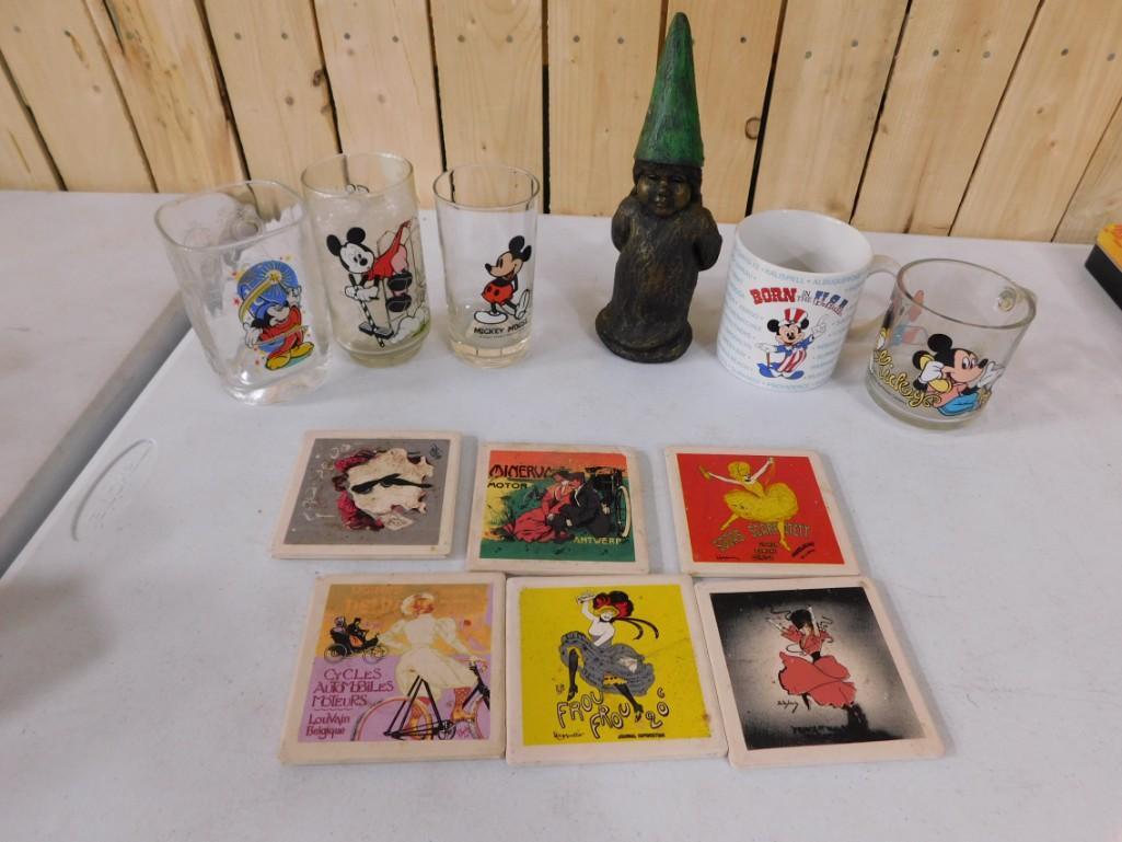 Misc. Lot including Mickey Mouse Disney Glasses, Gnome, Vintage Coasters: Misc. Lot including Mickey Mouse Disney Glasses, Gnome, Vintage artsy Coasters