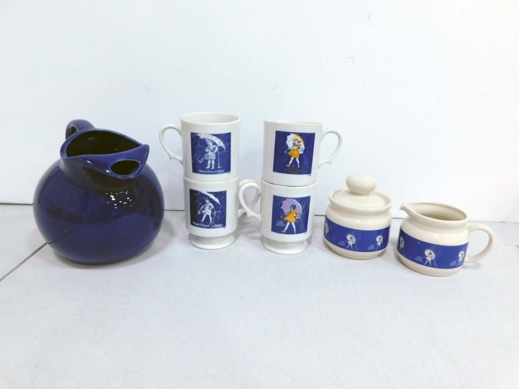 Lot of Morton Salt Mugs, Creamer and Sugar Bowl, and a Blue Pitcher: Lot of Morton Salt Mugs, Creamer and Sugar Bowl, and a Blue Pitcher