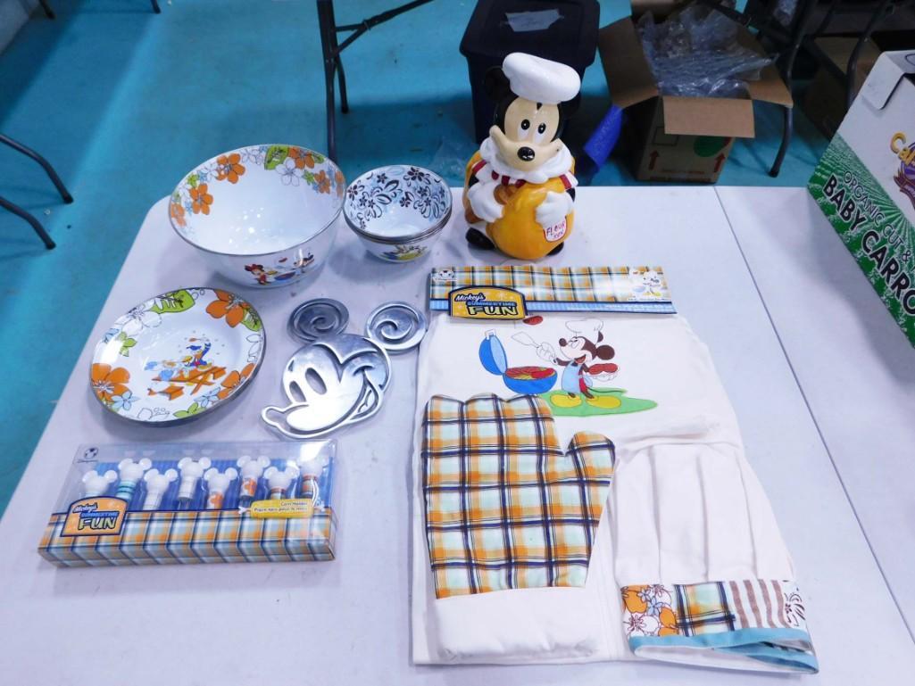 Disney Lot incl Mickey Mouse with Flour Sack Cookie Jar, Mickey Mouse Trivet, Disney Bowls,  Mickey (1 of 10)