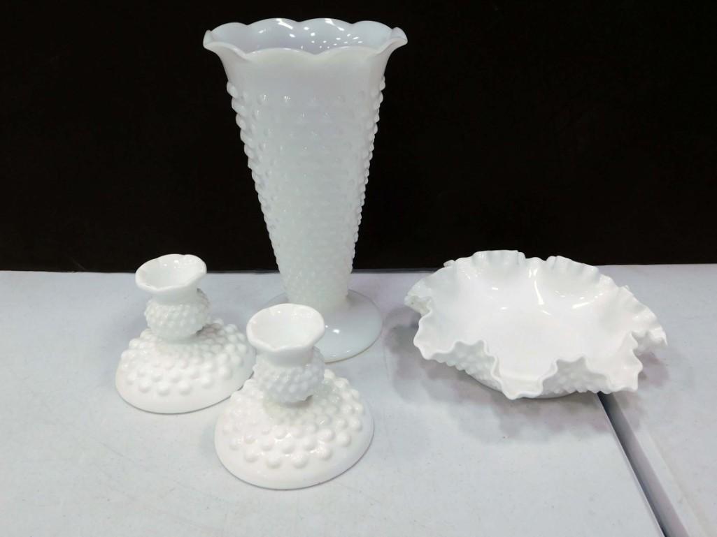 Vintage Hobnail Milk Glass incl Fenton Hobnail Ruffled Edge Bowl, Fenton Hobnail Candlestick Holders (1 of 4)