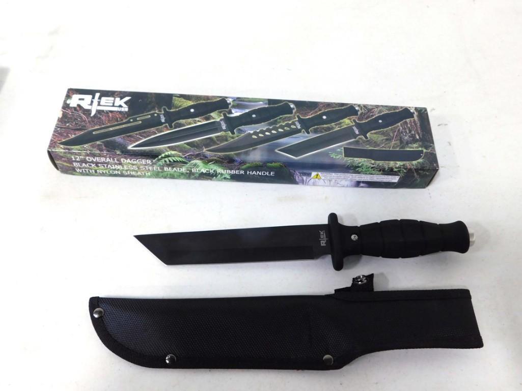 12" Combat Straight Back Knife R-Tek New in Box: 12" Combat Straight Back Knife R-Tek New in Box . Has a black stainless steel blade, black rubber handle, and a nylon sheath