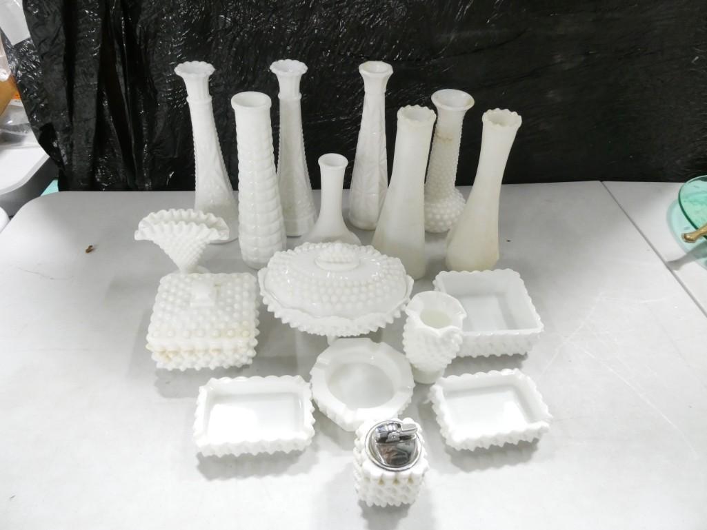 Large Lot of Milk Glass including a Lighter, Hobnail, etc.: Large Lot of Milk Glass including a Lighter, Hobnail, etc. Lots of good ones here.