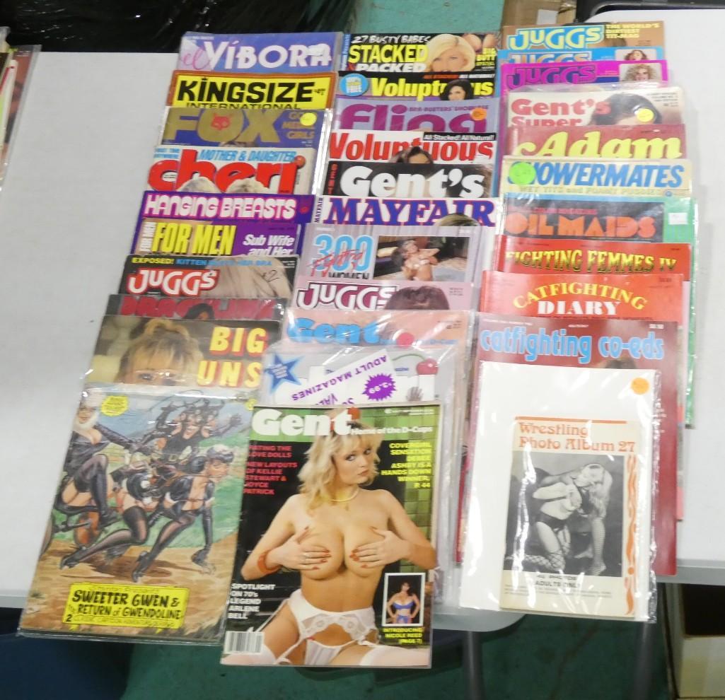 Lot of Assorted Adult Magazines including El Vibora, Kingsize International, Fox Gold Medal Girls: Lot of Assorted Adult Magazines including El Vibora, Kingsize International, Fox Gold Medal Girls, Cheri, Juggs, Big Uns, Gent, Sweeter Gwen & the Return of Gwendoline, Wrestling Photo Album, Catf