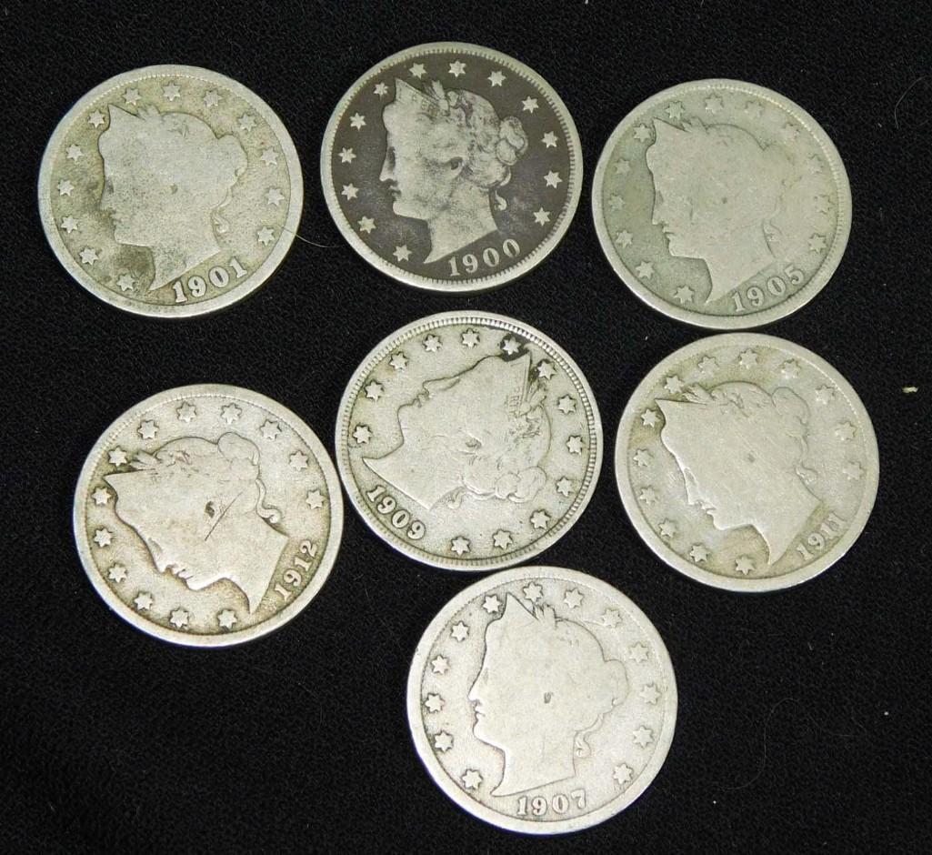 7 Liberty Head V Nickels incl 1900, 1901, 1905, 1907, 1909, 1911, 1912 (1 of 2)