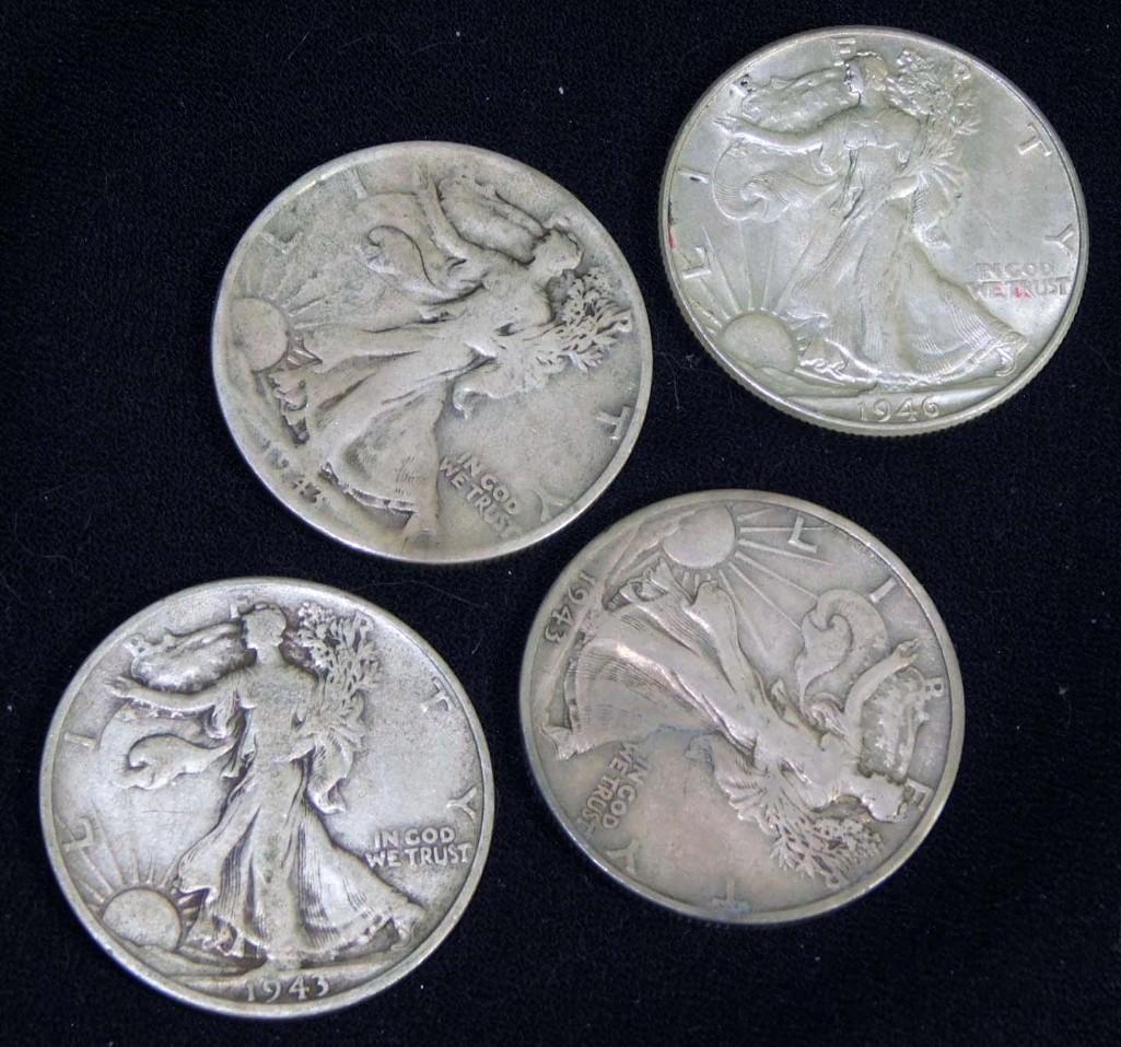 4 Walking Liberty Half Dollars incl 1946 and 3-1943  90% Silver (1 of 2)
