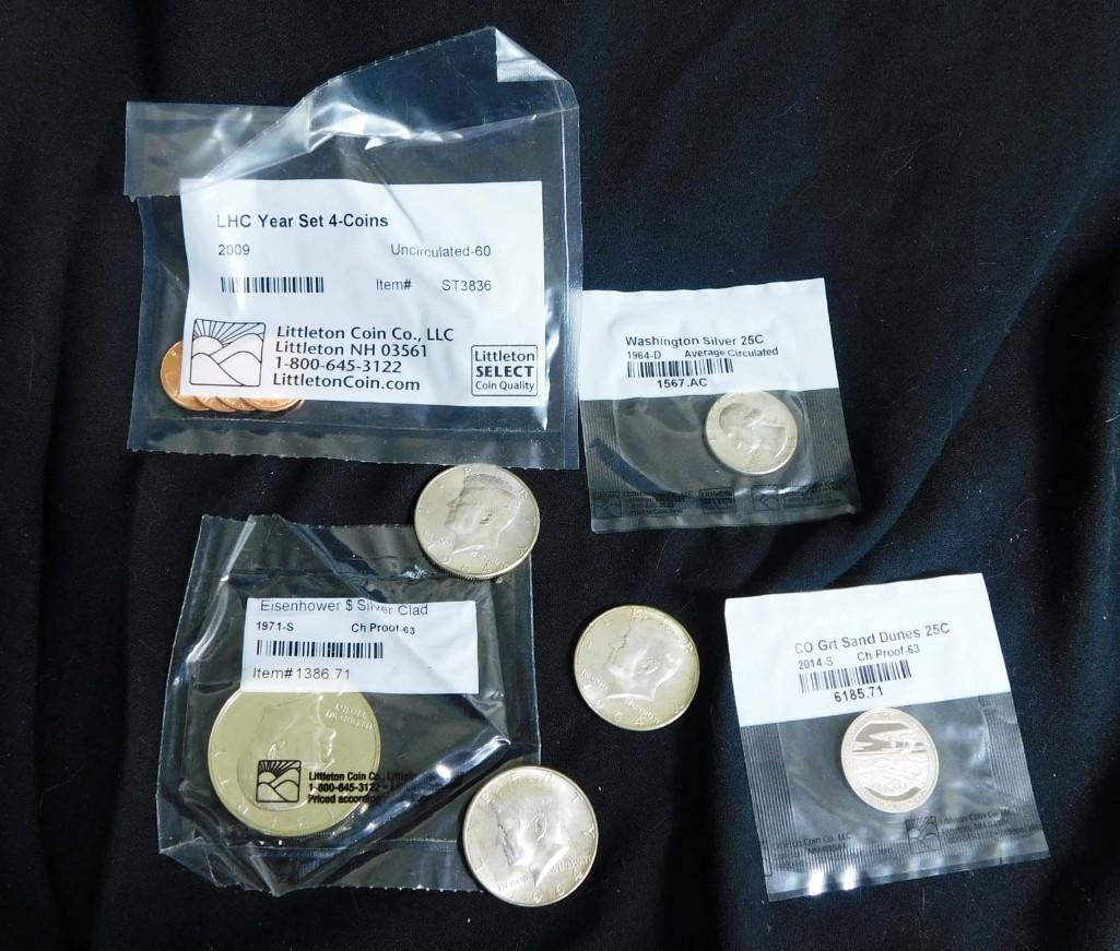 Coin Lot incl 3 Nice 1964 Kennedy Half Dollars, a 1971-S Silver Clad Ike Dollar, 1964-D Washington Q (1 of 6)