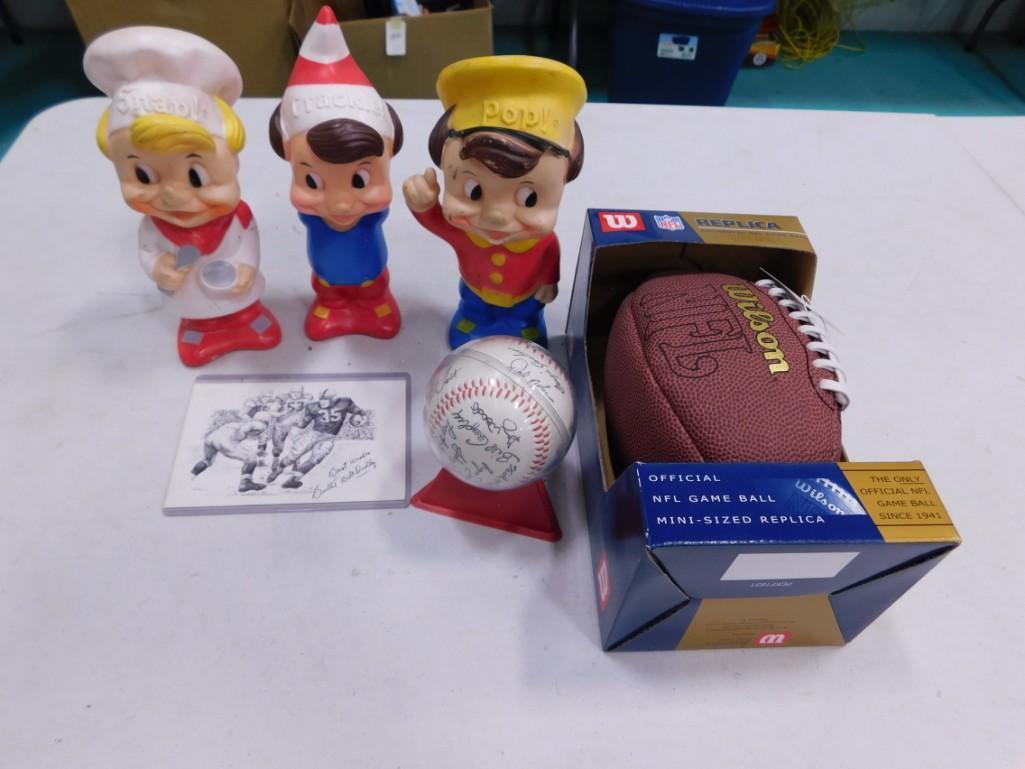 Misc Lot including Rice Krispies Snap, Crackle Pop Toys, Faux Signed Baseball, Football, Signed Bull (1 of 5)