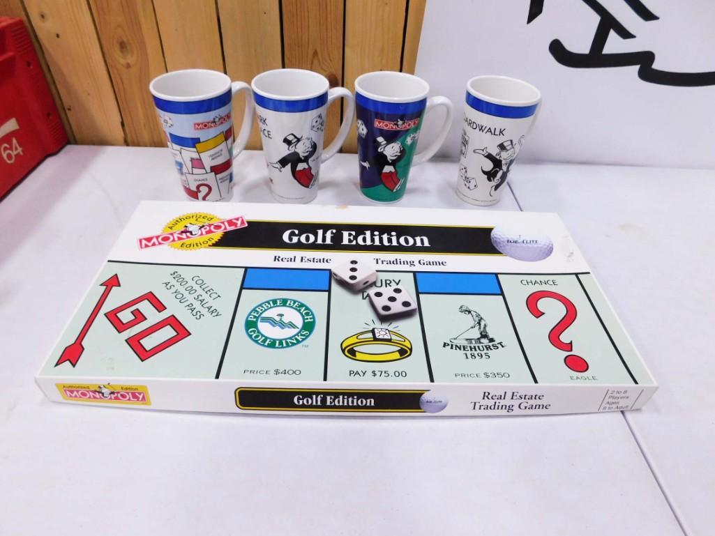 Monopoly Lot incl 4 Mugs and a Golf Edition Monopoly Game: Monopoly Lot incl 4 Mugs and a Golf Edition Monopoly Game Condition: game is not guaranteed to be complete
