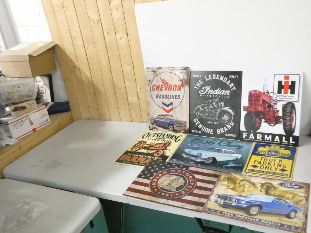 Lot of 8 Advertising Signs including Chevrolet, Ford, Indian Motorcycles: Lot of 8 Advertising Signs including Chevrolet, Ford, Indian Motorcycles, Chevron, Farmall, etc. The Truck Parking Only sign is embossed and appears to be older. The others are fairly new.