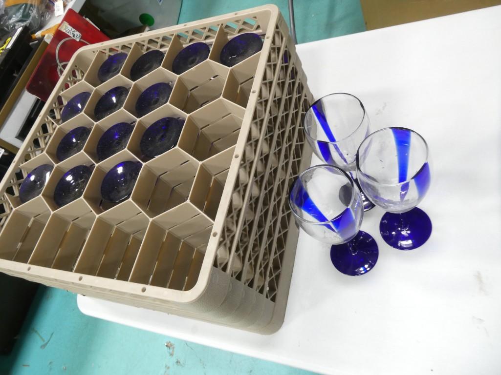 16 Wine Glasses with Blue and Clear stripes plus a dishwasher rack to hold them: 16 Wine Glasses with Blue and Clear stripes plus a dishwasher rack to hold them - Dishwasher rack is roughly 19.5" and should fit the square restaurant dishwashers.