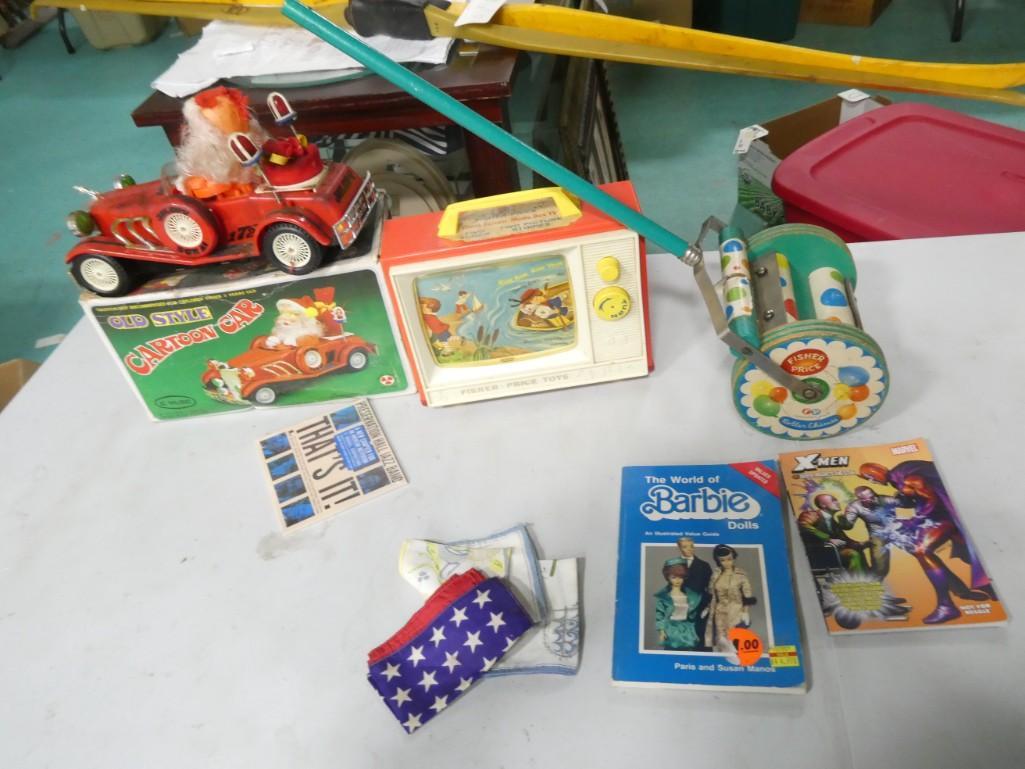 Vintage Toy Lot including Fisher Price Roller Chime, TV, Cartoon Car, World of Barbie Book, (1 of 8)