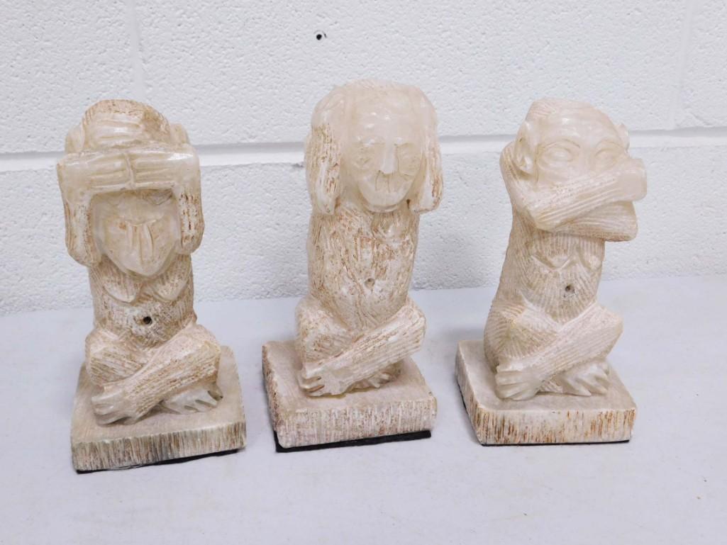 3 Carved Stone Monkeys incl See No Evil, Hear No Evil, Speak No Evil (1 of 5)