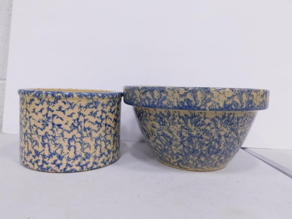 Stoneware Spongeware Lot incl a Batter Bowl and a Small Crock (1 of 5)