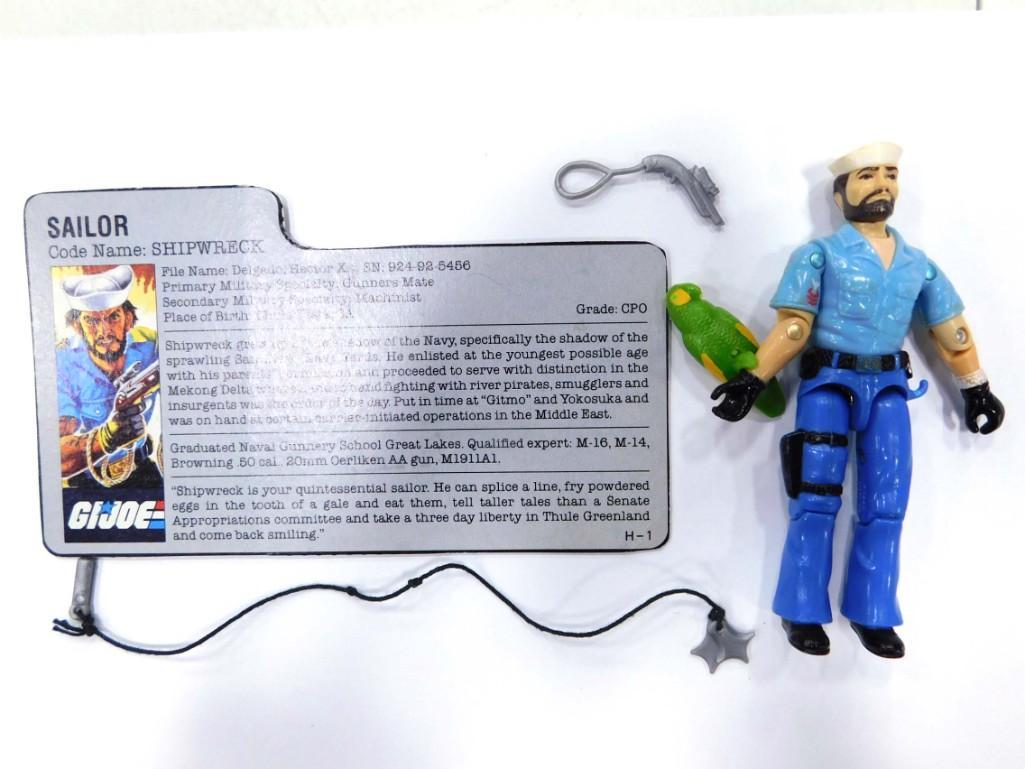 Vtg 1985 GI Joe Shipwreck Sailor 3.75" Figure Complete w/ Accessories: Vintage 1985 GI Joe Shipwreck Sailor 3.75" Figure Complete w/ Accessories. Version 1 Shipwreck joints are tight, figure clean, vgc. Includes Polly parrot, pistol, boarding hooks, file card. Hasbro