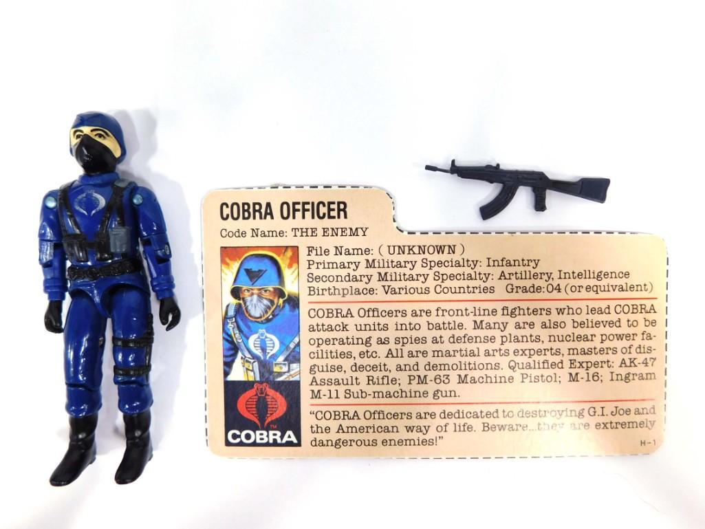 Vtg 1983 GI: Joe Cobra Officer 3.75" Figure Complete w Redback File Card Hasbro: V1.5 Cobra Officer joints are tight, figure clean, vgc. Complete with rifle and redback file card. Mailaway through Hasbro Direct. Redbacks are file cards that are red on the back of the cards, making