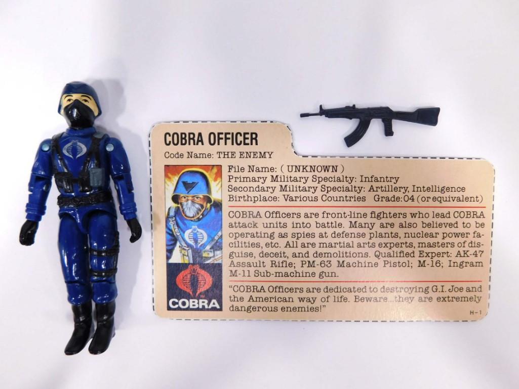 Vtg 1983 GI Joe Cobra Officer 3.75" Figure Complete w Redback File Card Hasbro: V1.5 Cobra Officer joints are tight, figure clean, vgc. Complete with rifle and redback file card. Mailaway through Hasbro Direct. Redbacks are file cards that are red on the back of the cards, making