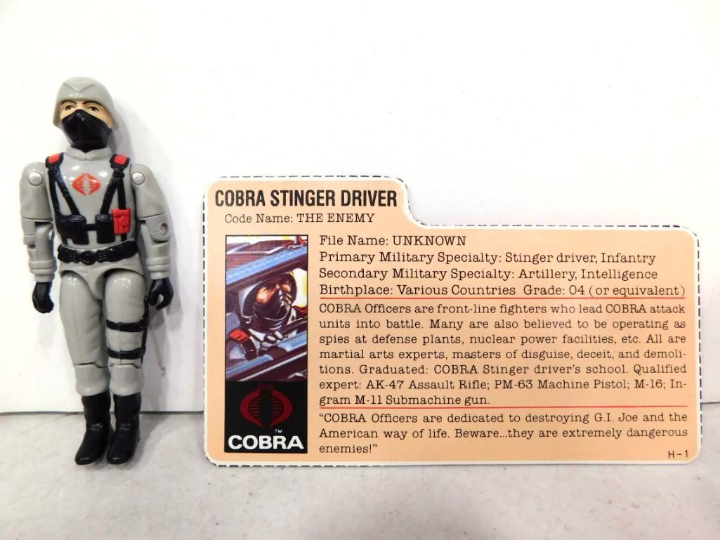 Vtg 1984 GI Joe Cobra Stinger Driver 3.75" Figure Complete w Redback File Card Hasbro: Version 1 Cobra Stinger Driver joints are tight, figure clean, vgc. Complete with redback file card. Mailaway through Hasbro Direct. Figure has a little bit of paint wear to the mask. Redbacks are fil