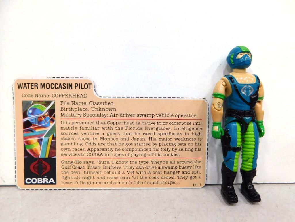 Vtg 1984 GI Joe Copperhead 3.75 Figure Complete w Redback File Card Hasbro: V1 Copperhead Water Moccasin Pilot joints are tight, figure clean, vgc. Complete with redback file card, mailaway through Hasbro Direct. Redbacks are file cards that are red on the back of the cards, 