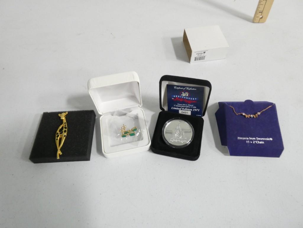 Jewelry / Smalls Lot including Walt Disney Commemorative Coin, Giraffe Pin, Swarovski Necklace, etc. (1 of 7)