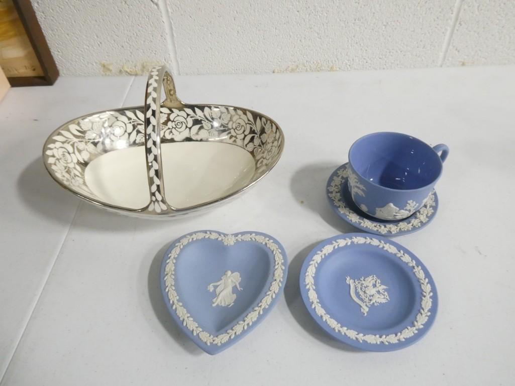 Wedgewood / Jasperware Lot including Tea Cup, small plates, heart plate, painted bowl with handle (1 of 7)