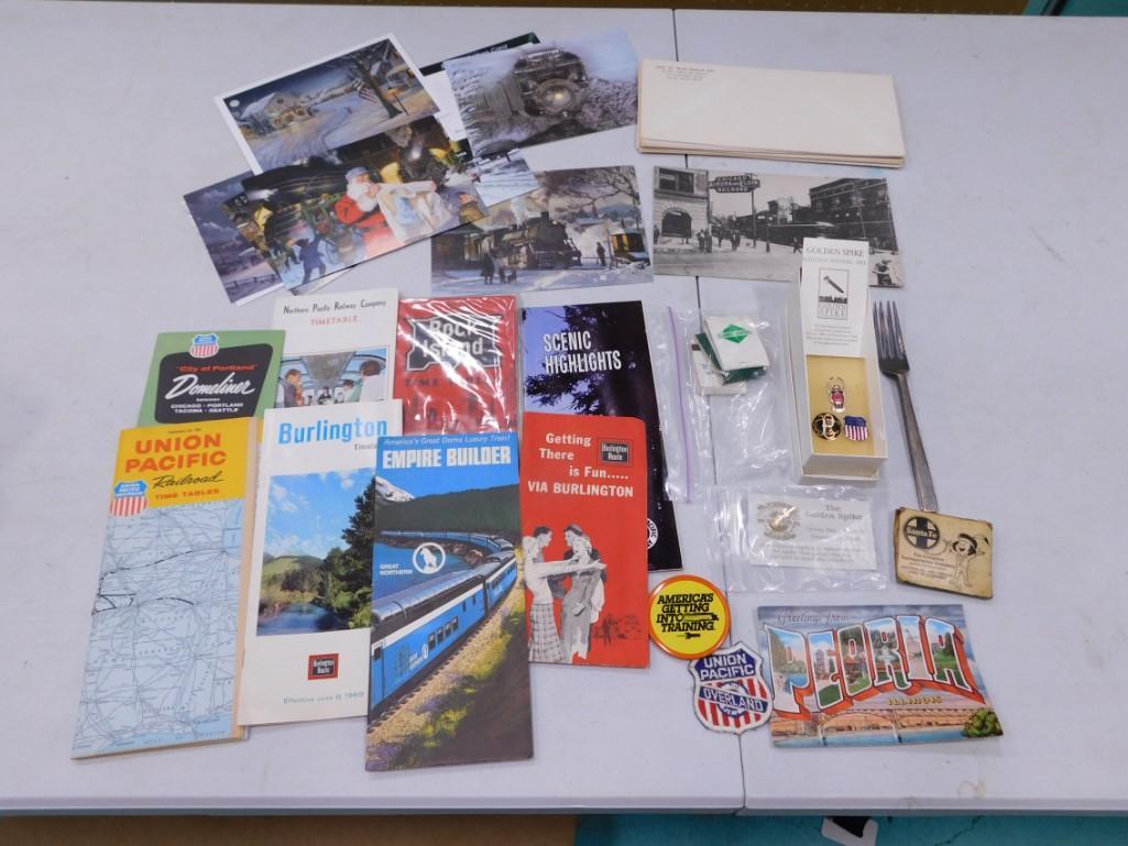 Ephemera Lot including Railroad Timetables, Postcards, Pins, buttons, etc. (1 of 3)