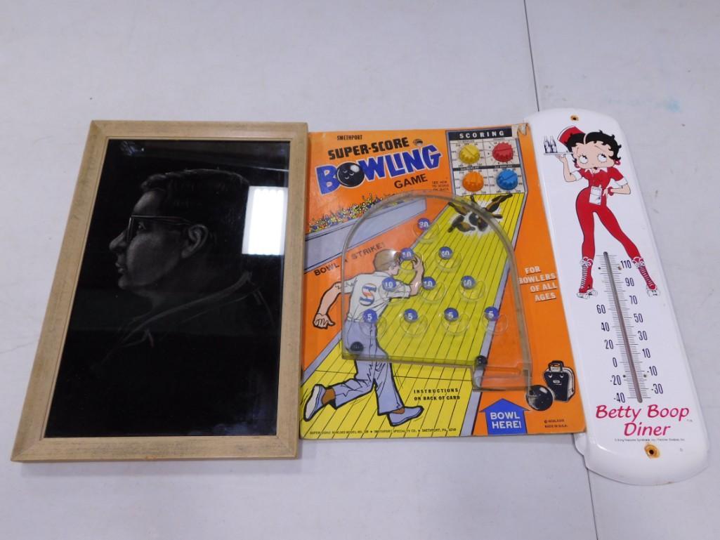 Vintage Betty Boop Thermometer, Bowling Game, Framed Picture: Vintage Betty Boop Thermometer, Bowling Game, Framed Picture