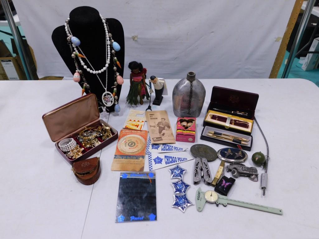 Smalls incl Pen Sets, Costume Jewelry, Belt Buckles, 1969 Aurora Shuffleboard Game Figure, etc (1 of 6)