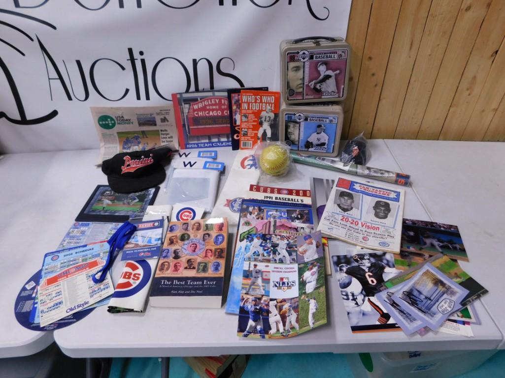 Sports lot including Chicago Cubs Calendar, W flags, posters, Lunchboxes, programs, book, etc. (1 of 7)