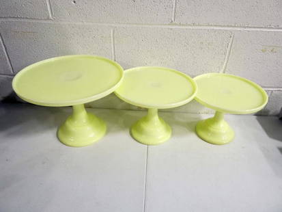 3 Mosser Uranium Glass Cake Stands Buttercream Yellow Color: Set of 3 Mosser Yellow Uranium Glass Footed Pedestal Cake Stands in Buttercream Yellow . These glow under black light, as you can see in the pictures.