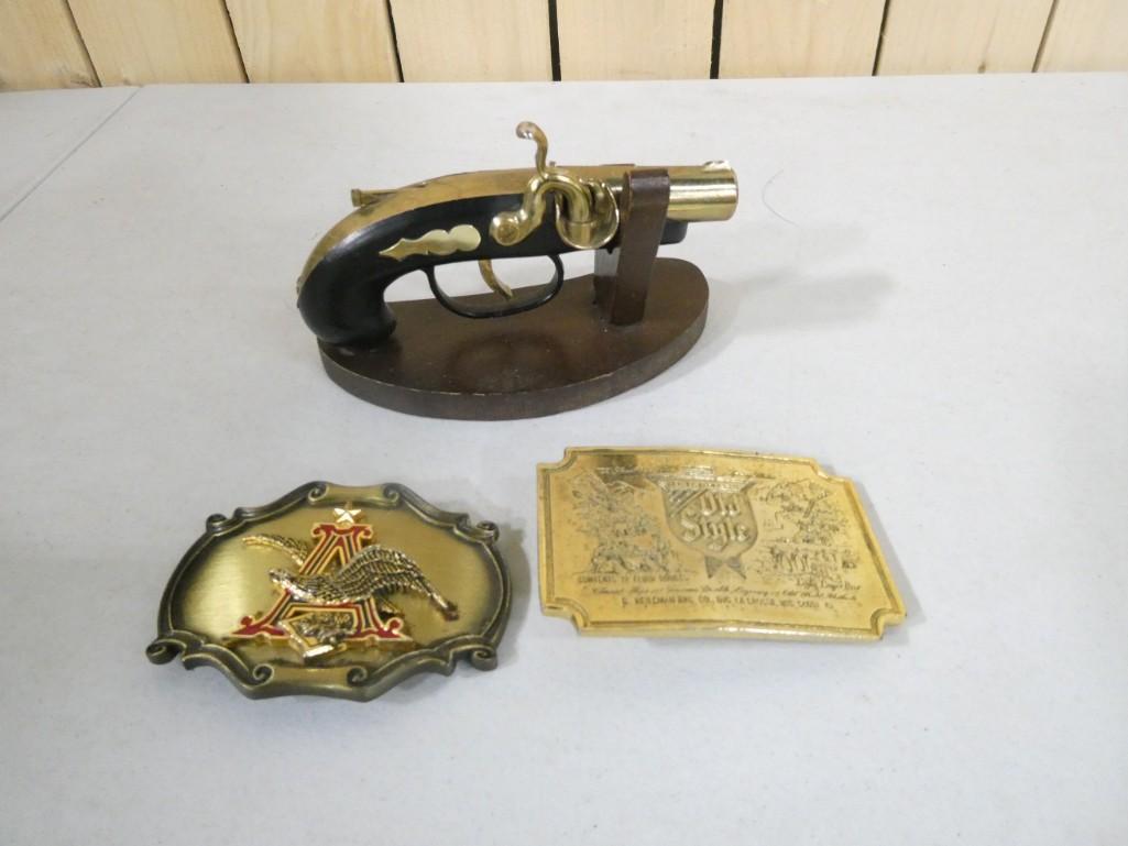 Vintage Novelty Gun Lighter, Anheuser Busch Belt Buckle, Old Style Belt Buckle: Vintage Novelty Gun Lighter, Anheuser Busch Belt Buckle, Old Style Belt Buckle