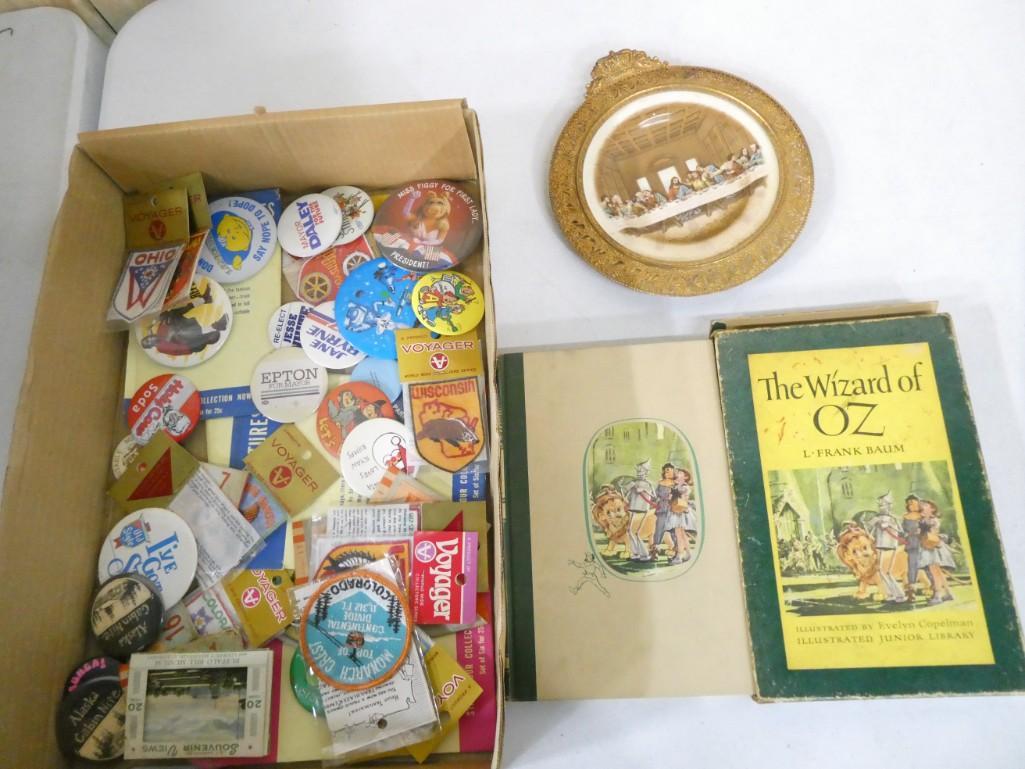 Misc Lot incl Vintage Wizard of Oz Book, Political and Other Buttons, Patches, Etc (1 of 4)