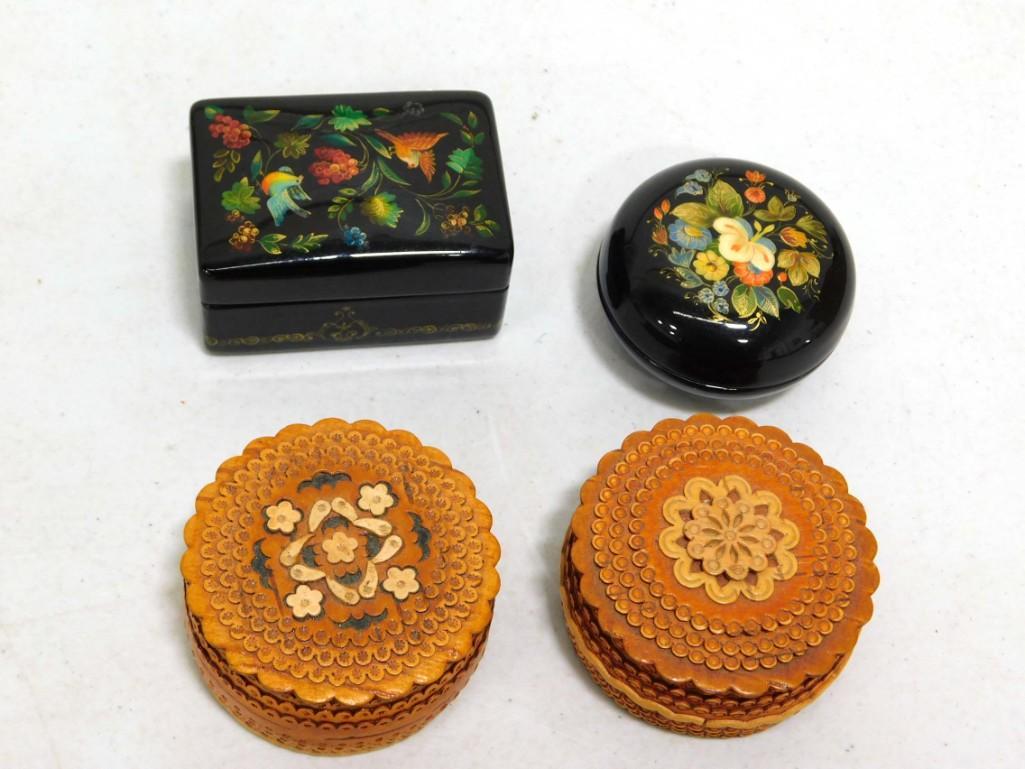 4 Russian Trinket Boxes incl 2 Lacquer Boxes and 2 Birch Boxes (1 of 6)