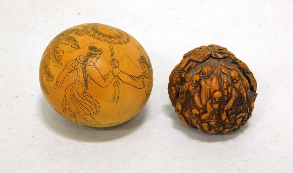2 Artist Decorated Items incl Hand Carved Walnut and an Etched Gourd (1 of 10)